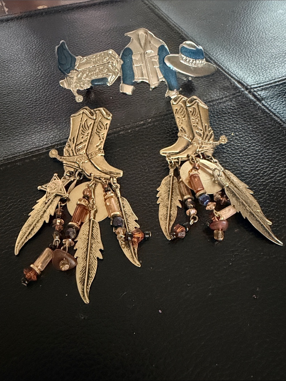 Boho Western Gold Cowboy Boot & Feather Drop Earrings - Women's Jewelry/Hair Cli